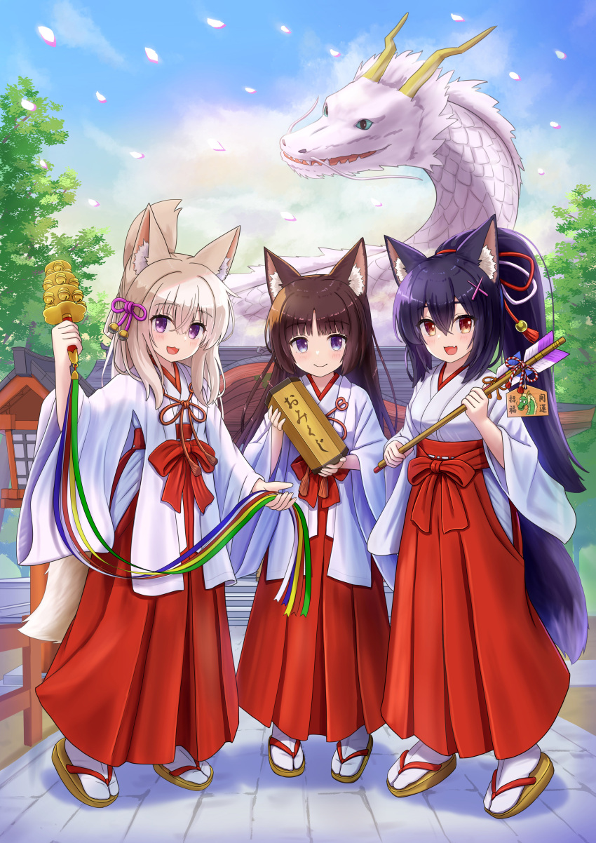 3girls :d absurdres animal_ear_fluff animal_ears arrow_(projectile) bell black_hair blue_sky blush brown_eyes brown_footwear brown_hair cat_ears chinese_zodiac closed_mouth cloud commentary_request day ema fence folded_ponytail fox_ears fox_girl fox_tail hair_between_eyes hair_ornament hairclip hakama hakama_skirt hamaya highres holding holding_arrow iroha_(iroha_matsurika) japanese_clothes jingle_bell kagura_suzu kimono koyoi_(iroha_(iroha_matsurika)) kunoichi-chan_(iroha_(iroha_matsurika)) light_brown_hair long_hair long_sleeves miko multiple_girls mutsuki_(iroha_(iroha_matsurika)) original outdoors parted_bangs petals ponytail purple_eyes red_hakama skirt sky smile socks tabi tail very_long_hair white_kimono white_socks wide_sleeves wolf_ears wolf_girl wolf_tail x_hair_ornament year_of_the_dragon zouri