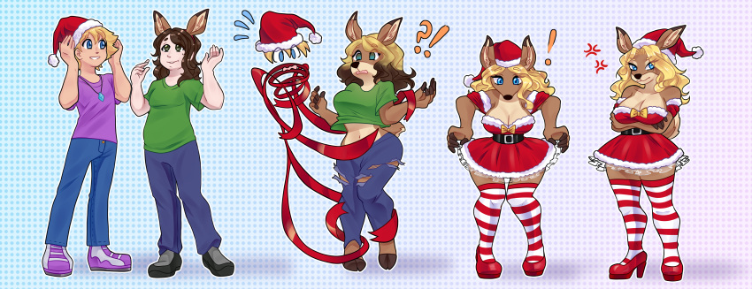 absurd_res alternate_costume angry anthro big_breasts blonde_hair breast_growth breasts brown_body brown_fur brown_hair christmas christmas_clothing clothed clothing clothing_swap clothing_transformation colored deer dress duo female fur gender_transformation growth hair hair_growth happy hi_res holidays human karukarumie long_hair male mammal mtf_transformation ribbons sequence slightly_chubby species_transformation surprised_expression tail tail_growth thick_thighs transformation