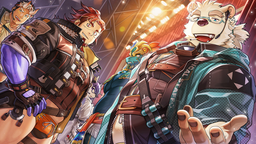 aqua_skin bags_under_eyes bara boogeyman_(housamo) cigarette cipactli_(housamo) colored_skin dragon_boy facial_hair furry furry_male goatee green-framed_eyewear hekate_(housamo) leib_(housamo) macroich_(housamo) male_swimwear mature_male muscular muscular_male orange_male_swimwear purple_skin scar scar_on_face thick_eyebrows tokyo_afterschool_summoners