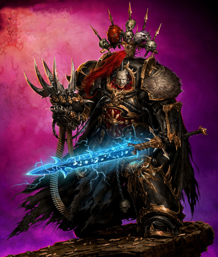 abbadon_the_despoiler ammunition_belt arm_mounted_weapon armor chain chaos_(warhammer) clawed_gauntlets energy_sword highres holding holding_sword holding_weapon israel_llona looking_at_viewer ornate_armor pelt plume shell_casing skull skull_ornament sword terminator_armor tube warhammer_40k weapon