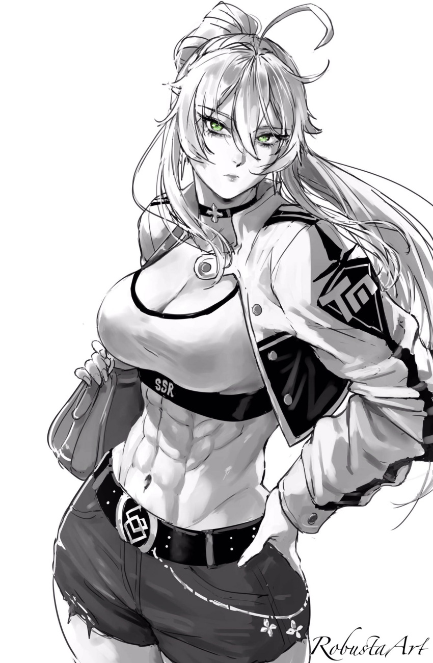 1girl abs antenna_hair artoria_pendragon_(fate) bag belt breasts choker cleavage cropped_jacket fate_(series) green_eyes hand_on_own_hip handbag highres jacket looking_at_viewer muscular muscular_female open_clothes open_jacket robusta_mania shorts signature solo tank_top toned white_background