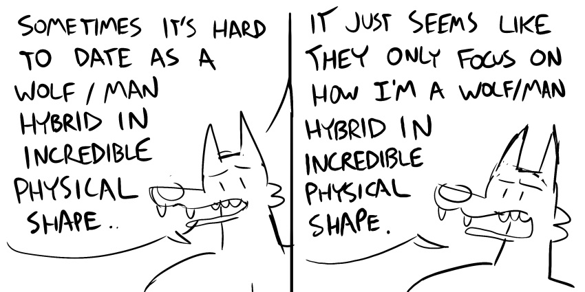 2:1 anthro canid canine canis comic dejected english_text furry_problems hi_res humor male mammal monochrome parody solo text unknown_artist wolf