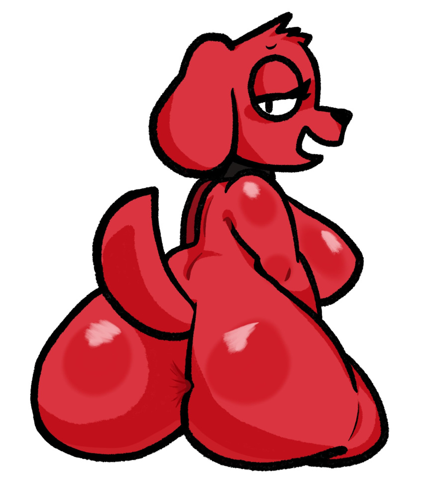 2023 anthro anus big_butt butt canid canine canis clifford_(red_dog) clifford_the_big_red_dog collar collar_only digital_drawing_(artwork) digital_media_(artwork) domestic_dog female hi_res lewdewott looking_at_viewer mammal narrowed_eyes nude open_mouth raised_tail red_body sitting solo tail thick_thighs