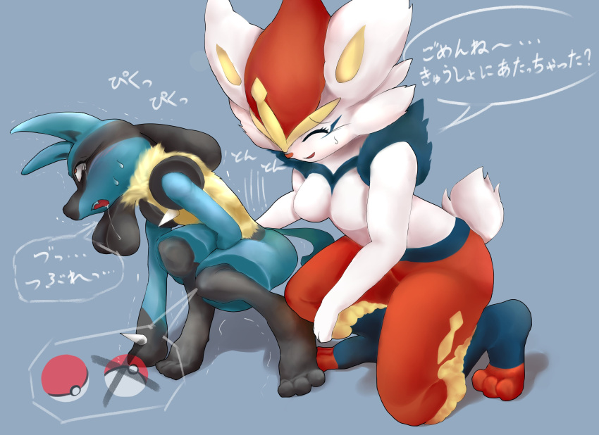 absurd_res anthro ballbusting cinderace cock_and_ball_torture duo embarrassed female generation_4_pokemon generation_8_pokemon genital_torture hand_on_balls hauberk888 hi_res japanese_text lucario male male/female nintendo nude pain pokeball pokemon pokemon_(species) simple_background text