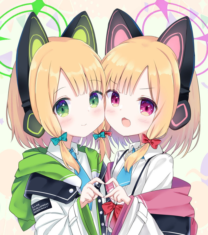 &gt;:) 2girls absurdres animal_ear_headphones animal_ears blonde_hair blue_archive blue_necktie blush bow cat_ear_headphones cheek-to-cheek closed_mouth fake_animal_ears green_bow green_eyes green_halo hair_bow halo headphones heads_together heart heart_hands heart_hands_duo highres hood hooded_jacket jacket kurumizawa_ruri long_sleeves low-tied_sidelocks midori_(blue_archive) momoi_(blue_archive) multicolored_background multicolored_clothes multicolored_jacket multiple_girls necktie open_mouth pink_bow pink_eyes pink_halo shirt short_hair siblings sisters smile suspenders twins two-sided_fabric two-sided_jacket v-shaped_eyebrows white_shirt