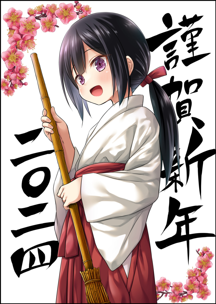 1girl 2024 black_hair blush broom commentary_request flower hair_ribbon hakama hakama_skirt happy_new_year highres holding holding_broom japanese_clothes kimono long_hair miko open_mouth original pink_flower ponytail purple_eyes red_hakama ribbon skirt smile solo white_kimono yukino_minato