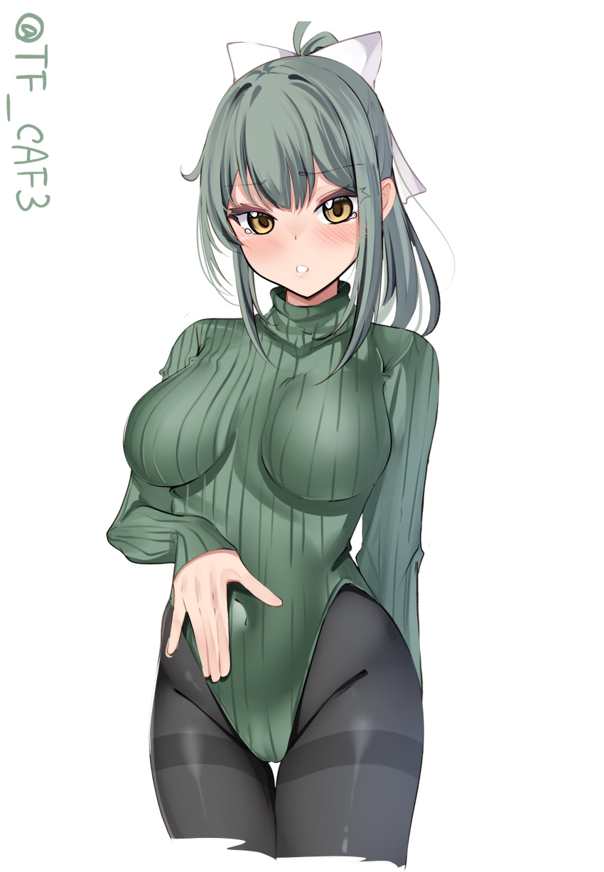 1girl absurdres black_pantyhose blush bow breasts brown_eyes cowboy_shot green_hair green_leotard hair_bow hair_ribbon heattech_leotard highres kantai_collection leotard long_hair looking_at_viewer medium_breasts pantyhose ponytail ribbed_leotard ribbon short_sleeves smile solo tf_cafe twitter_username yuubari_(kancolle)