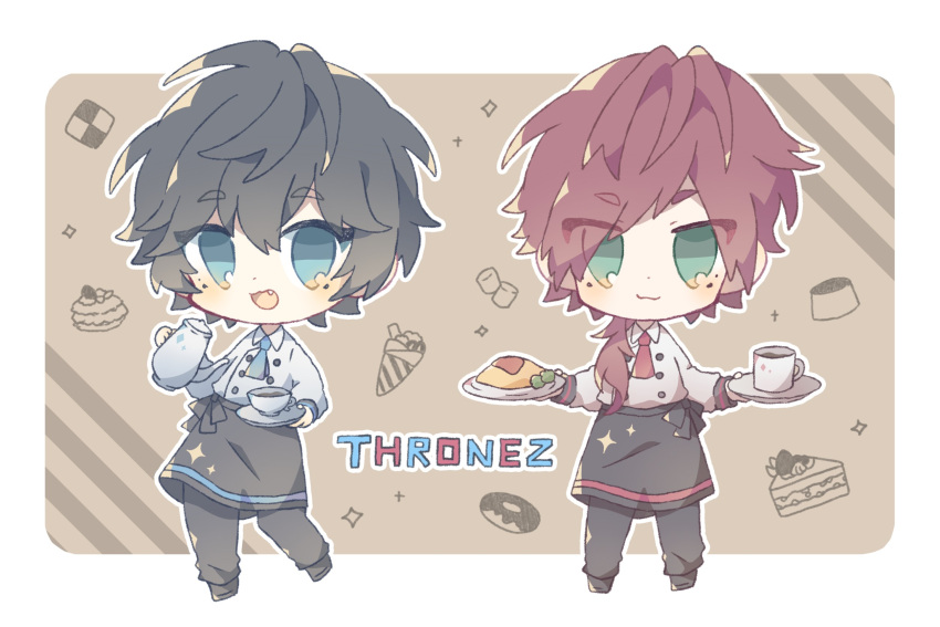 2boys :3 apron axia_krone black_hair blue_eyes chibi coffee coffee_mug cup fang food full_body green_eyes highres komano_shia lauren_iroas mug multiple_boys nijisanji omelet omurice red_hair side_ponytail standing teacup virtual_youtuber waist_apron