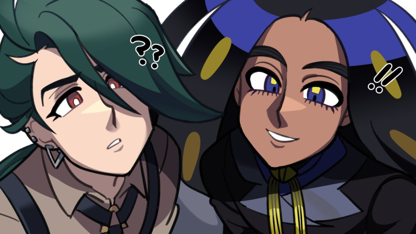 ! !! 2girls ? ?? androgynous black_hair black_jacket blue_eyes bright_pupils brown_shirt close-up closed_mouth collared_shirt dark-skinned_female dark_skin earrings eyelashes geeta_(pokemon) green_hair jacket jewelry long_hair looking_ahead looking_at_viewer loveycloud multicolored_hair multiple_girls neck_ribbon necktie pokemon pokemon_sv red_eyes reverse_trap ribbon rika_(pokemon) shirt simple_background smile suspenders white_background white_pupils yellow_ribbon