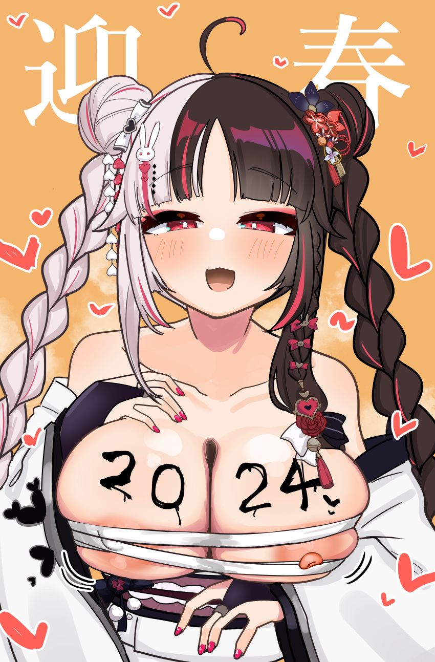 1girl absurdres ahoge bell black_hair blunt_bangs blush breasts bridal_gauntlets budget_sarashi chest_sarashi cleavage collarbone covered_nipples double_bun eyeshadow flower grey_hair hair_bell hair_bun hair_flower hair_ornament hairclip hand_on_own_chest heart highres japanese_clothes kimono large_breasts long_hair looking_at_viewer makeup multicolored_hair nagmo_chaaan nail_polish new_year nijisanji nipples obi off_shoulder official_alternate_costume official_alternate_hairstyle open_mouth parted_bangs pink_nails rabbit_hair_ornament red_eyes red_eyeshadow red_hair sarashi sash simple_background smile solo split-color_hair streaked_hair twintails two-tone_hair virtual_youtuber white_kimono yellow_background yorumi_rena yorumi_rena_(12th_costume)