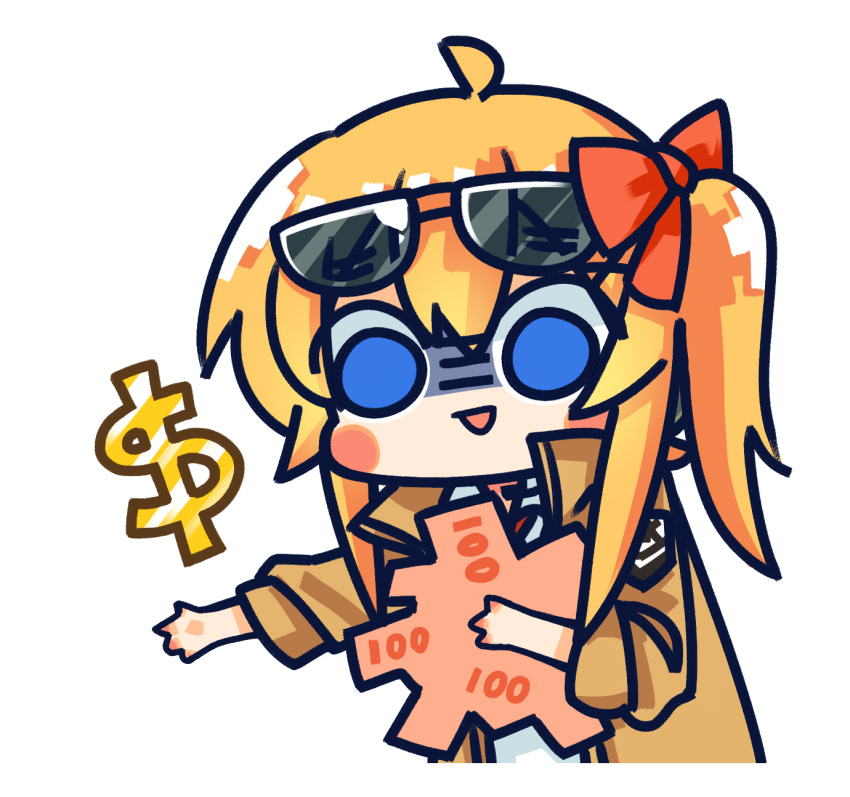 1girl ahoge blue_eyes blush_stickers brown_jacket chibi chinese_commentary commentary_request dollar_sign eyewear_on_head girls'_frontline hair_between_eyes hair_ribbon highres holding holding_money jacket kalina_(girls'_frontline) long_hair long_sleeves money official_art open_mouth orange_hair outstretched_arm red_ribbon ribbon shaded_face shirt side_ponytail simple_background smile solo su_xiao_jei sunglasses upper_body white_background white_shirt