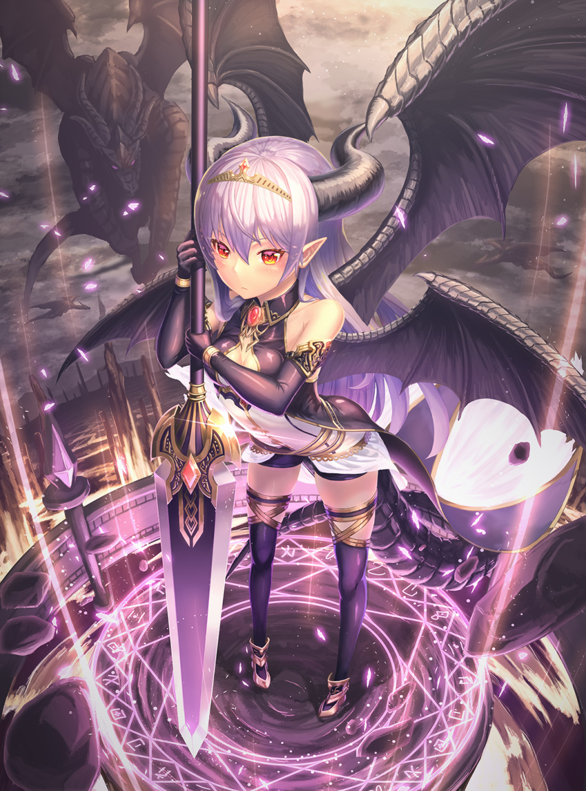 1girl bare_shoulders black_gloves black_thighhighs breasts cleavage cloud dark_clouds dragon dragon_girl dragon_horns dragon_tail dragon_wings elbow_gloves expressionless full_body gloves highres holding holding_weapon horns long_hair magic_circle multiple_wings original pointy_ears purple_hair red_eyes solo standing suraimu_(suraimuraimu) tail thighhighs weapon wings