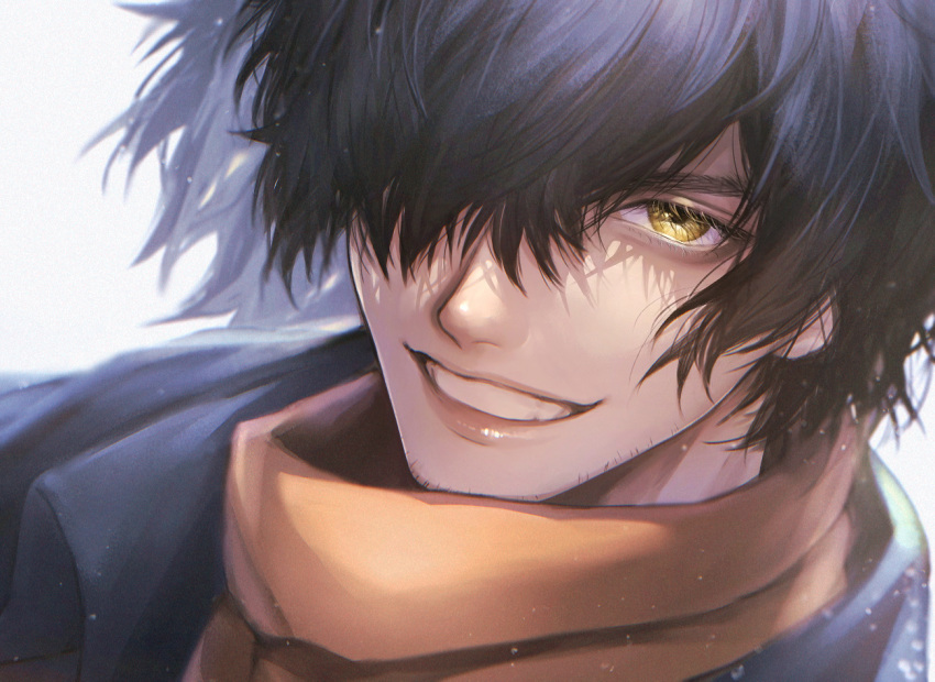 1boy black_hair facial_hair fate/grand_order fate/type_redline fate_(series) goatee_stubble grin hair_over_one_eye japanese_clothes kimono koha-ace light_particles lips looking_at_viewer male_focus medium_hair okada_izou_(fate) one_eye_covered orange_scarf ponytail portrait revision scarf simple_background smile solo teeth white_background yellow_eyes yuta_arata