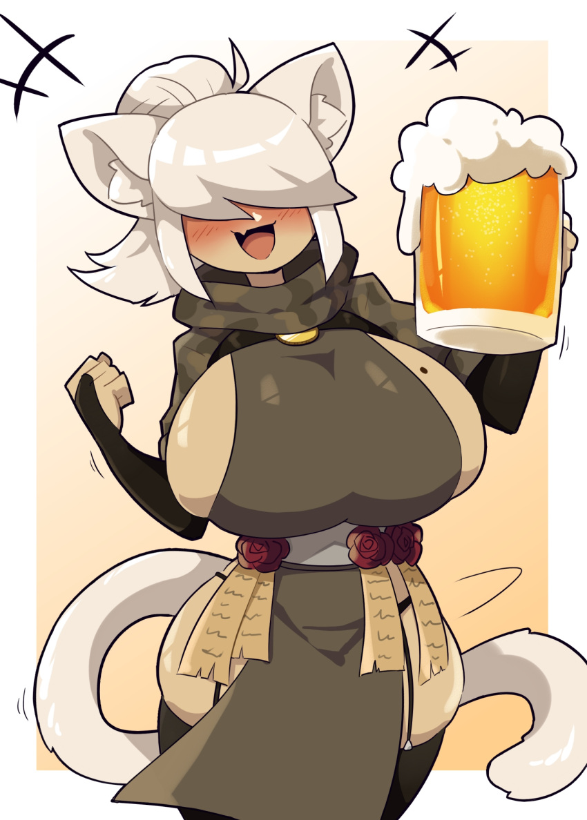 1girl alcohol animal_ears beer beer_mug black_thighhighs blush breasts bridal_gauntlets cat_ears cat_girl cat_tail cup curvy daigada dark-skinned_female dark_skin garter_straps gradient_background hair_over_eyes happy highres holding holding_cup huge_breasts mole mole_on_breast mug narrow_waist open_mouth original panty_straps pelvic_curtain ponytail scarf sideboob simple_background smile swept_bangs tail thighhighs white_hair wide_hips