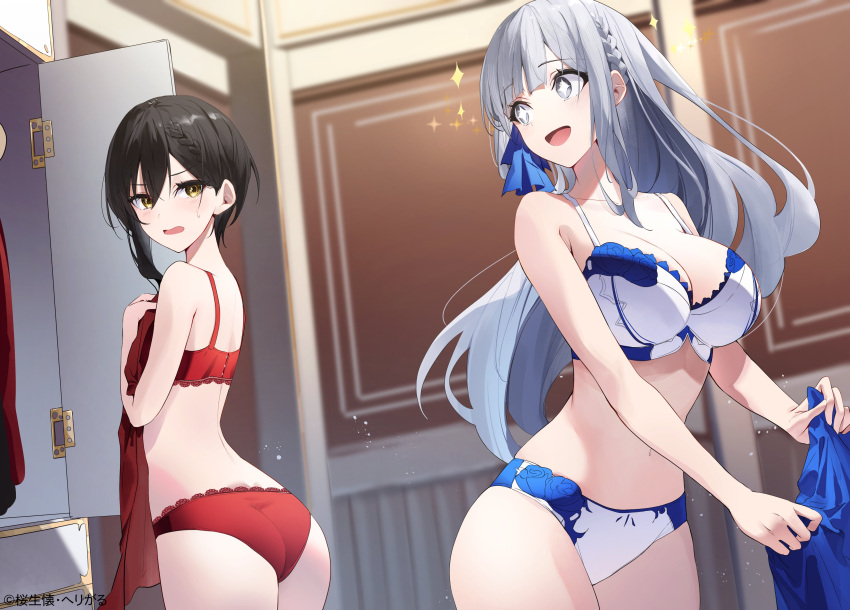 2girls :d absurdres ass back black_hair blunt_bangs blurry blurry_background bra braid breast_envy breasts commentary_request covering_breasts covering_privates flat_chest grey_hair hair_between_eyes hair_ribbon herigaru_(fvgyvr000) highres lace-trimmed_bra lace_trim large_breasts locker locker_room long_hair looking_at_another multiple_girls navel open_mouth original panties red_bra red_panties ribbon second-party_source short_hair sidelocks smile standing star-shaped_pupils star_(symbol) symbol-shaped_pupils underwear undressing wavy_hair white_bra white_panties yellow_eyes
