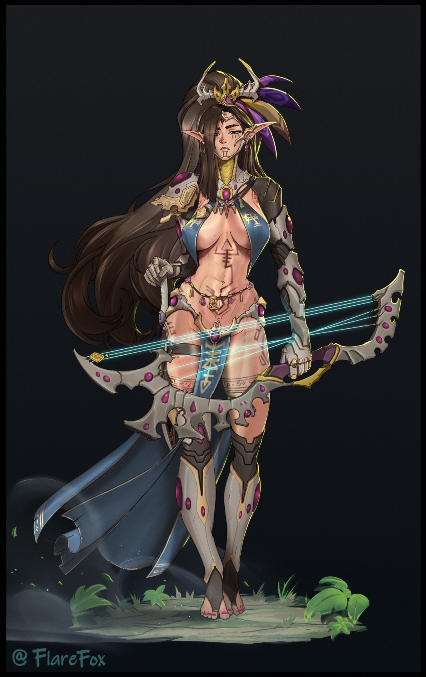 1girl abs barefoot blue_eyes bow_(weapon) breasts brown_hair cleavage earrings eldar elf feather_hair_ornament feathers flarefox hair_ornament highres jewelry large_breasts loincloth long_hair necklace pointy_ears skirt solo sword tattoo toned warhammer_40k weapon