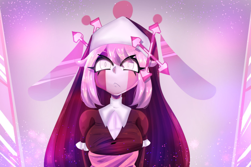 1girl artist_request banner blush breasts brown_dress church dress friday_night_funkin' glitter habit innocent_look long_hair medium_breasts non-web_source nun pink_hair sarvente_(friday_night_funkin') simple_background tagme tumblr white_eyes x