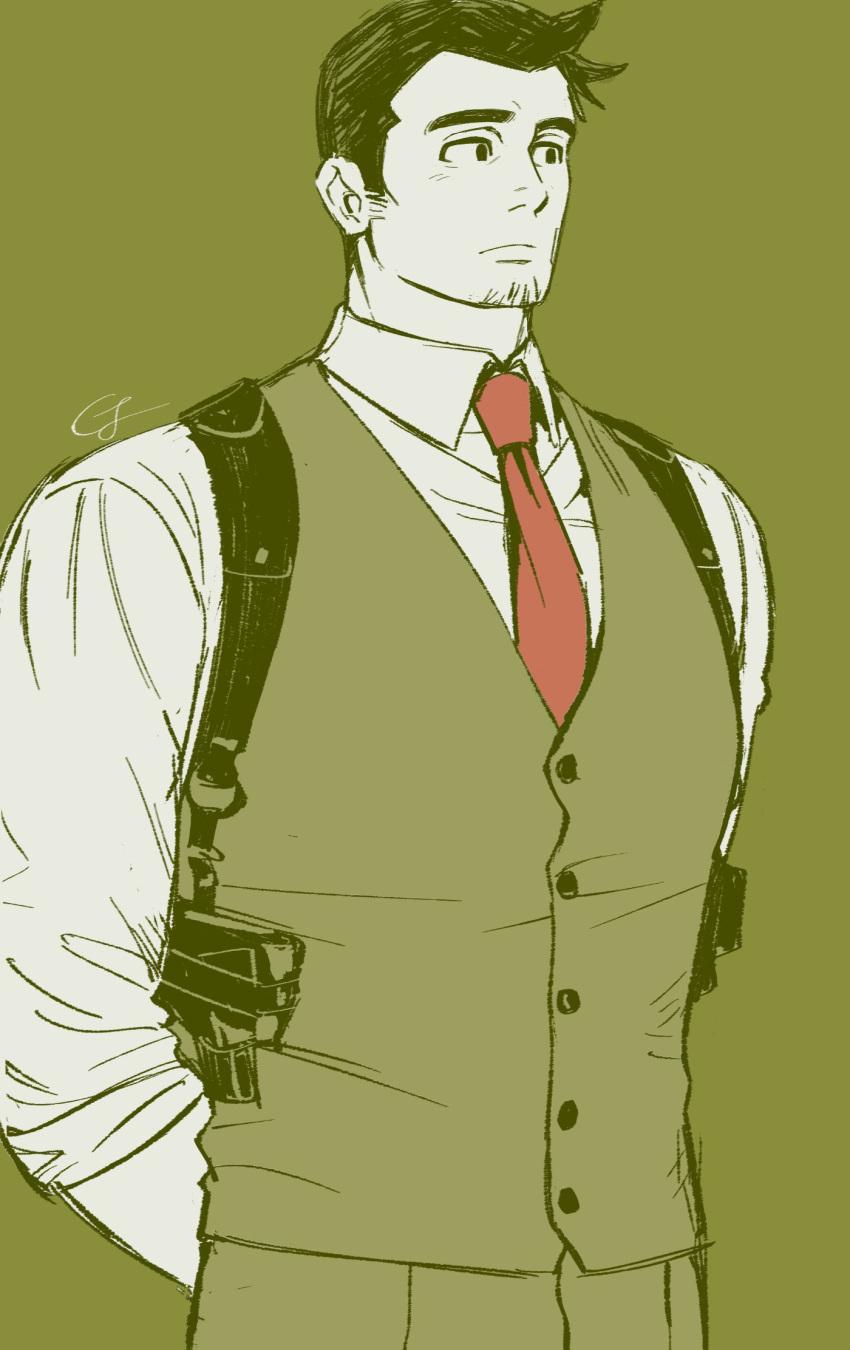 1boy ace_attorney arms_behind_back buttons closed_mouth collared_shirt dick_gumshoe facial_hair goatee green_background gwiga0 highres holster looking_ahead male_focus mature_male monochrome necktie pants red_necktie shirt short_hair sideburns sideburns_stubble simple_background solo spot_color vest