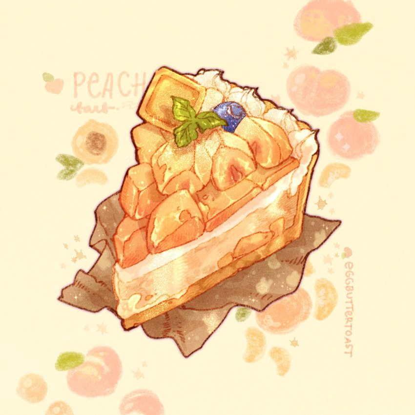 artist_name blueberry commentary english_commentary english_text food food_focus fruit fruit_background fruit_tart highres leaf nao_(bestrollever) napkin no_humans original peach peach_slice pie pie_slice starry_background still_life tart_(food) whipped_cream yellow_background