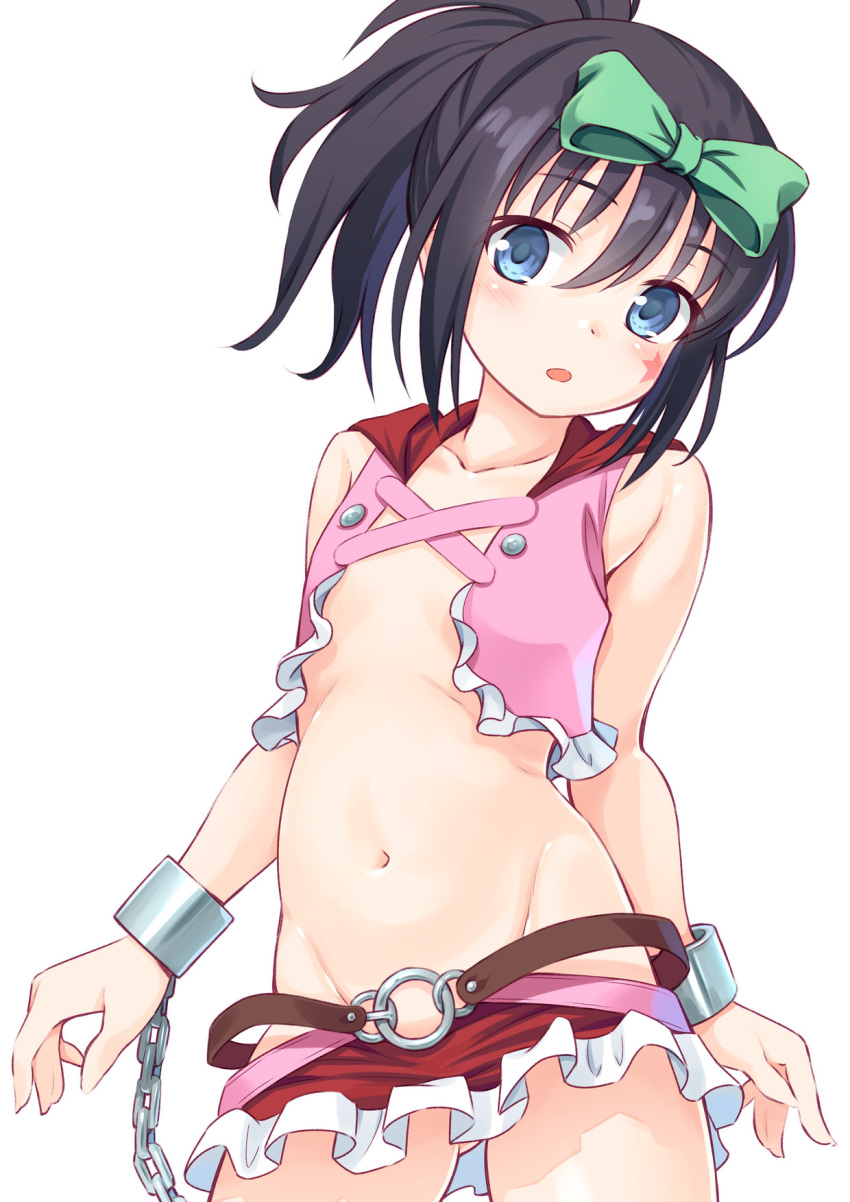 1girl black_hair blue_eyes blush bow cuffs facial_mark hair_bow highres hip_vent kunihiro_hajime long_hair looking_at_viewer navel open_mouth pila_(pilayamato) ponytail revealing_clothes saki shiny shiny_hair shiny_skin simple_background solo standing star_(symbol) white_background