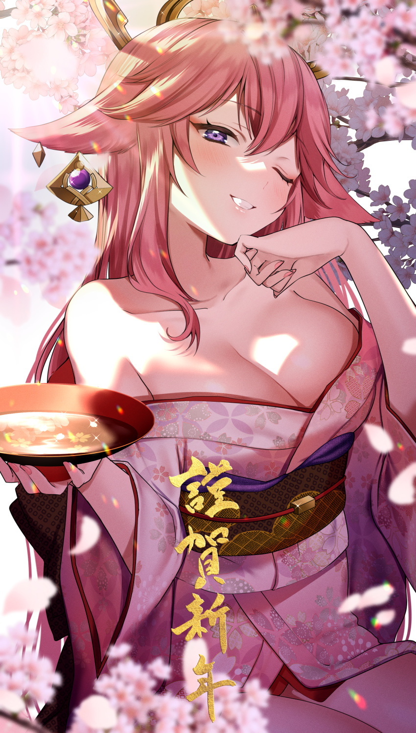 1girl absurdres animal_ears bare_shoulders blurry blurry_background blurry_foreground breasts brown_sash cherry_blossom_print cherry_blossoms commentary_request cup earrings fingernails floppy_ears floral_print floral_print_kimono flower fox_ears fox_girl genshin_impact gold_earrings grin hair_between_eyes hair_ornament halo hand_on_own_chin highres holding holding_cup huge_breasts japanese_clothes jewelry kazepana kimono lips looking_at_viewer nail_polish one_eye_closed pink_flower pink_hair pink_kimono pink_nails print_kimono purple_eyes sakazuki sash smile solo teeth thighs translation_request vision_(genshin_impact) white_background wide_sleeves yae_miko