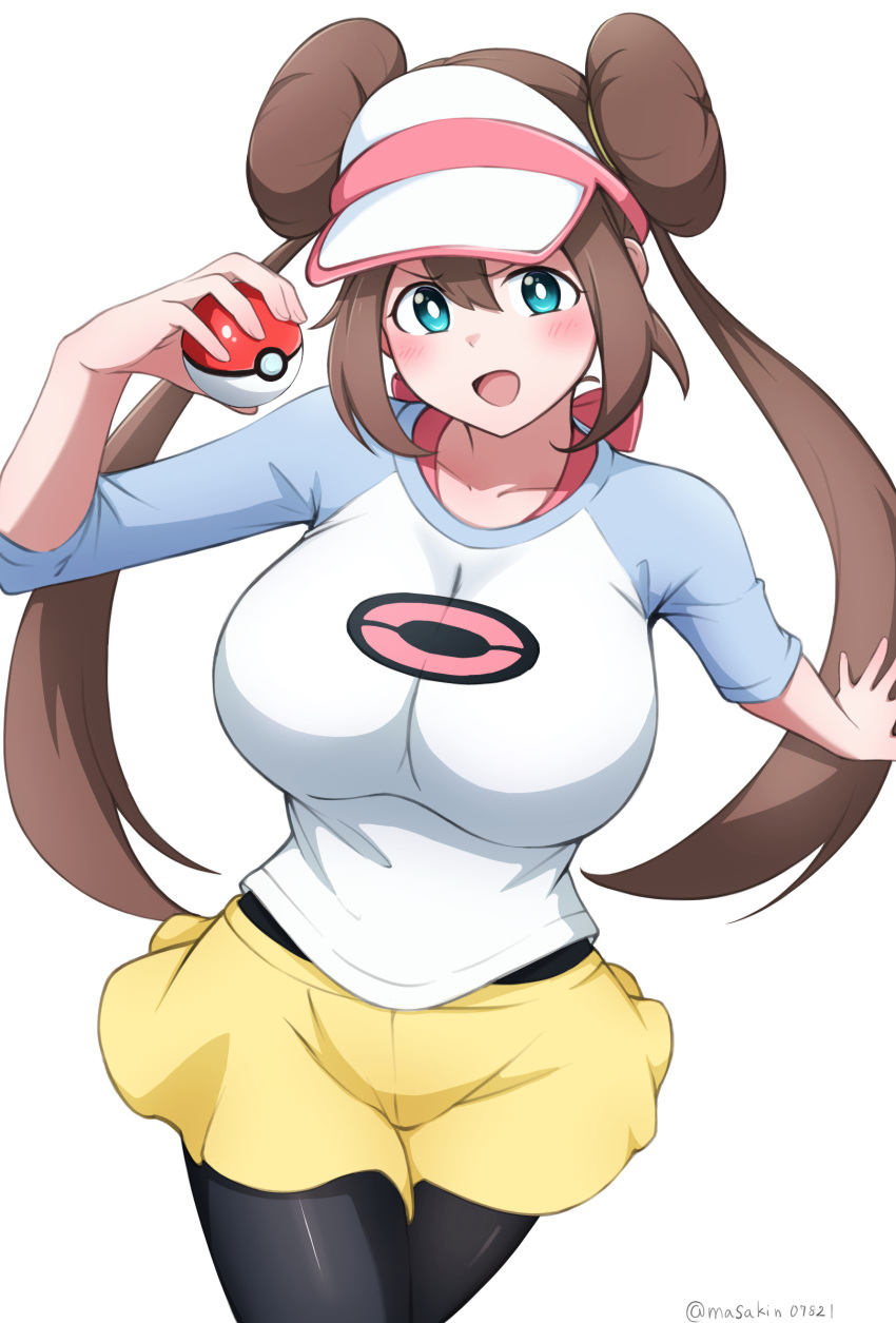 1girl :d black_pantyhose blue_eyes blush breasts brown_hair collarbone commentary_request double_bun doughnut_hair_bun hair_bun hand_up highres holding holding_poke_ball large_breasts long_hair looking_at_viewer masakin open_mouth pantyhose pantyhose_under_shorts poke_ball pokemon pokemon_bw2 raglan_sleeves rosa_(pokemon) short_shorts shorts simple_background smile solo twintails very_long_hair visor_cap white_background yellow_shorts