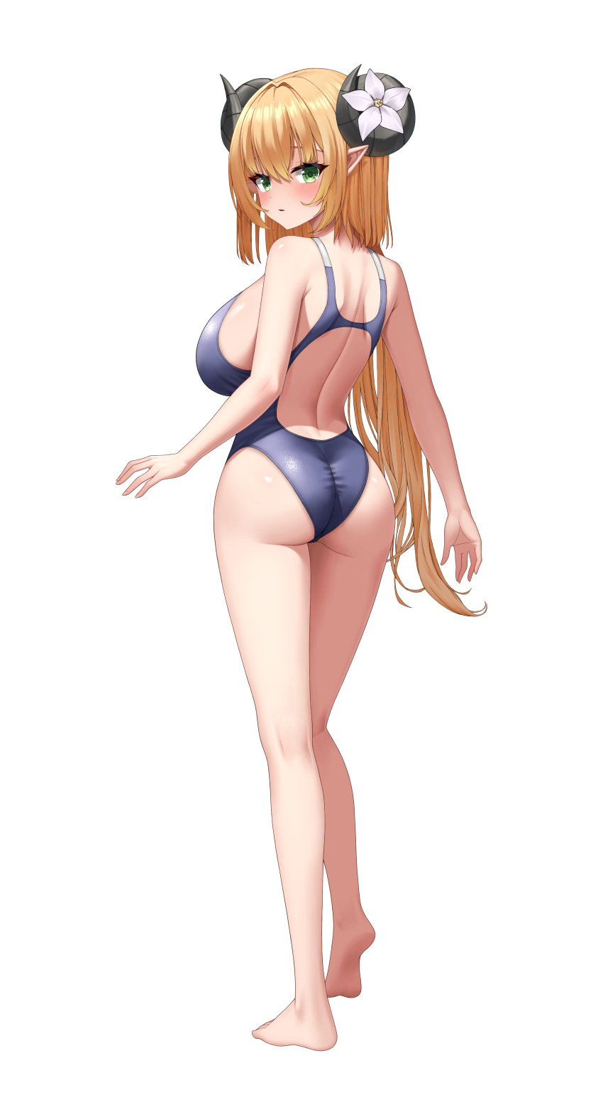 1girl absurdres ass barefoot blonde_hair blue_one-piece_swimsuit blush commission darkswan demon_horns feet from_behind full_body highres horn_flower horns long_hair one-piece_swimsuit original parted_lips pointy_ears simple_background standing swimsuit white_background