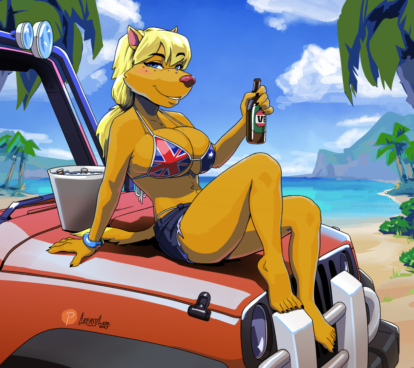2023 5_fingers absurd_res anthro beach beverage big_breasts blonde_hair blue_eyes bottomwear bracelet breasts car clothed clothing cutoffs day denim denim_bottomwear denim_clothing eyebrow_through_hair eyebrows feet female fingers fur greasymojo hair hi_res jewelry long_hair mammal on_car outside seaside shorts signature sitting solo tan_body tan_fur toes translucent translucent_hair union_jack vehicle