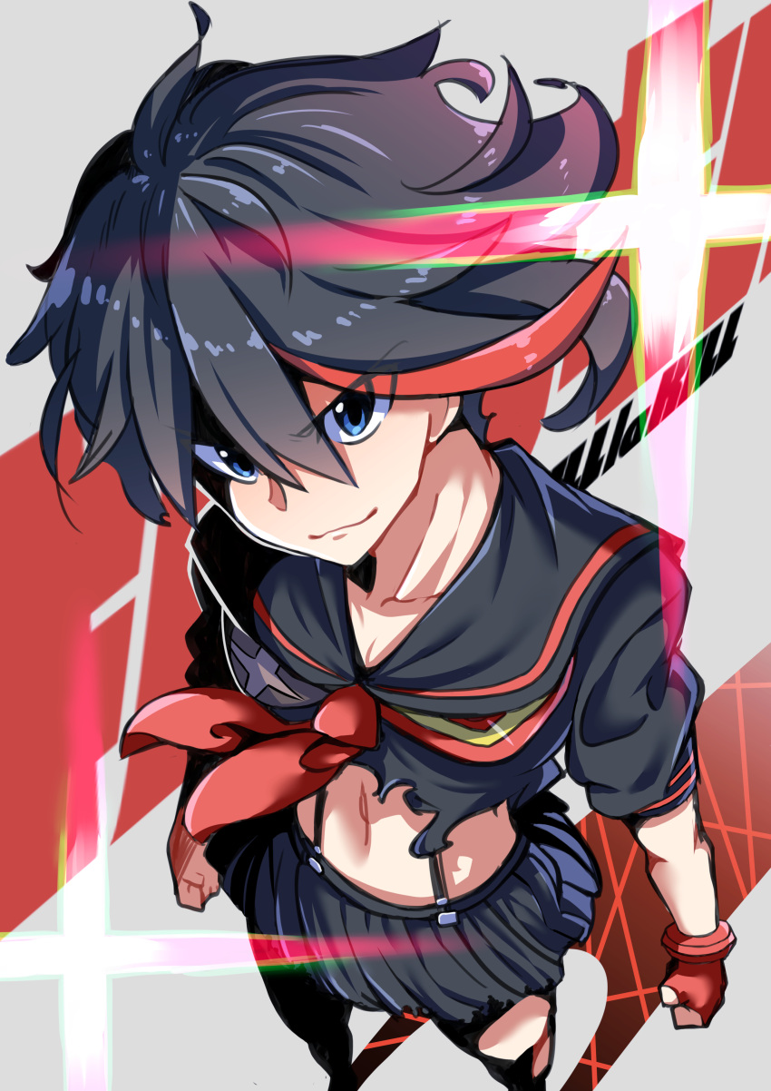1girl absurdres black_hair black_sailor_collar blue_eyes clenched_hands commentary_request copyright_name cropped_shirt feet_out_of_frame from_above gloves highres kamonegi_(meisou1998) kill_la_kill lens_flare life_fiber looking_at_viewer matoi_ryuuko midriff multicolored_hair navel red_gloves red_hair revealing_clothes sailor_collar school_uniform senketsu serafuku short_hair short_sleeves smile solo sparkle two-tone_hair v-shaped_eyebrows white_background