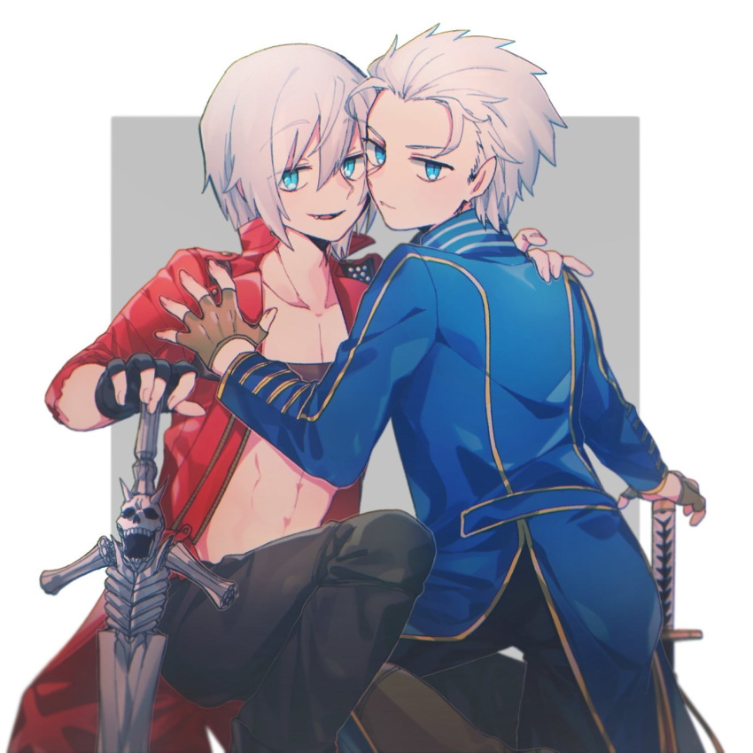 2boys bishounen black_gloves blue_eyes coat dante_(devil_may_cry) devil_may_cry_(series) devil_may_cry_3 fingerless_gloves gloves hair_slicked_back highres holding holding_weapon long_hair looking_at_viewer male_focus monomono1112 multiple_boys pale_skin rebellion_(sword) red_coat siblings simple_background smile sword twins vergil_(devil_may_cry) weapon white_hair yamato_(sword)