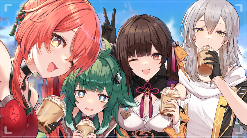 4girls :d absurdres ahoge bell black_choker black_gloves black_jacket blue_sky blunt_bangs bow brown_hair bubble_tea chinese_commentary chinese_knot choker commentary_request detached_sleeves dot_nose gloves green_eyes green_hair green_shirt grey_hair guinaifen_(honkai:_star_rail) hair_bell hair_between_eyes hair_bow hair_ornament highres honkai:_star_rail honkai_(series) huohuo_(honkai:_star_rail) jacket long_hair long_sleeves looking_at_viewer medium_hair multiple_girls one_eye_closed orange_eyes orange_hair red_shirt shirt sidelocks sky sleeveless sleeveless_shirt sleeves_rolled_up smile spaghetti_strap stelle_(honkai:_star_rail) sushang_(honkai:_star_rail) swept_bangs tassel trailblazer_(honkai:_star_rail) upper_body v viewfinder white_shirt wide_sleeves yamato_(muchuu_paradigm) yellow_bow yellow_eyes yin_yang_hair_ornament