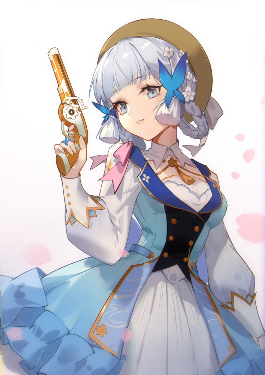 1girl absurdres antique_firearm blue_dress blue_eyes commentary_request cowboy_shot dress firelock flintlock genshin_impact grey_hair gun handgun head_tilt highres holding holding_gun holding_weapon kamisato_ayaka kamisato_ayaka_(springbloom_missive) long_sleeves official_alternate_costume parted_lips short_hair solo standing weapon white_background woodylixx