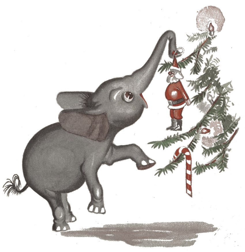 1938 20th_century absurd_res ambiguous_gender ancient_art candy candy_cane christmas christmas_tree dessert elephant elephantid feral food grey_body hi_res holding_ornament holidays hooves jean_mcconnell little_elephant little_elephant_(character) male_(lore) mammal official_art open_mouth ornament plant proboscidean red_eyes santa_claus simple_background solo tail tail_tuft traditional_media_(artwork) tree tuft white_background