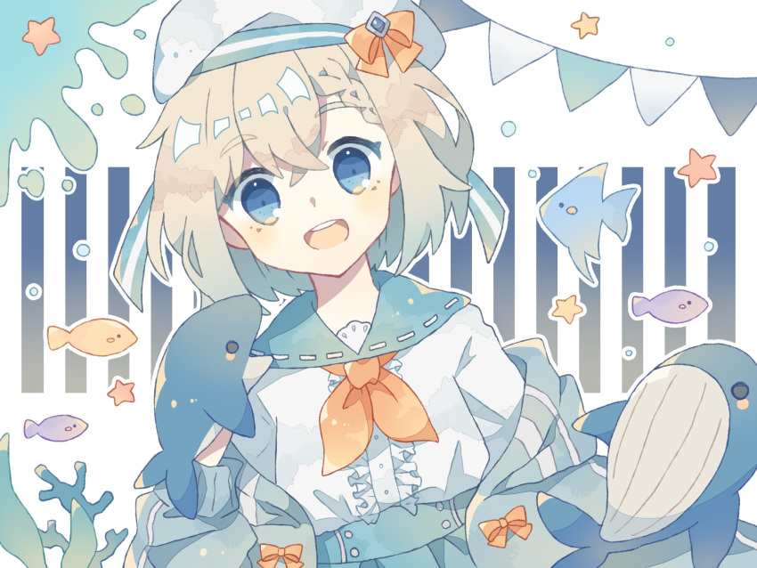 1girl :d beret blonde_hair blue_eyes bow bubble fish hat highres komano_shia neckerchief open_mouth orange_bow orange_neckerchief original school_uniform serafuku short_hair smile solo string_of_flags striped striped_background teeth whale white_background