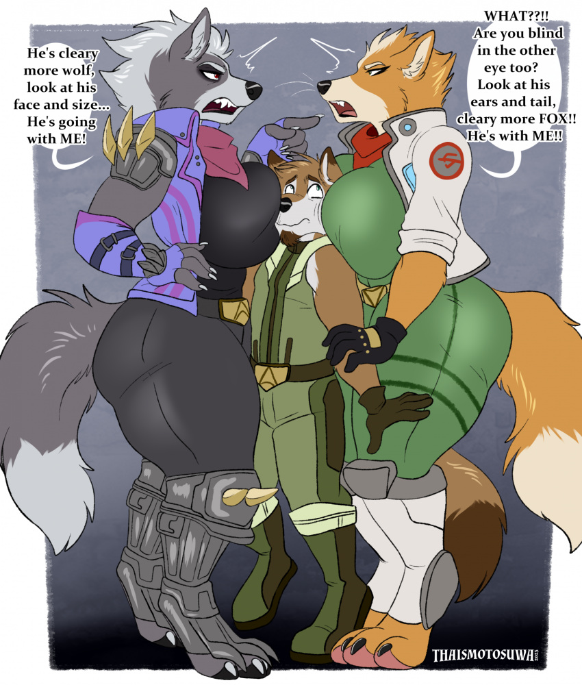 angry annoyed anthro argument bandanna big_breasts big_butt bodysuit boots breast_squish breasts butt canid canine canis claws clothing crossgender dialogue digitigrade female footwear fox fox_mccloud gloves group handwear hi_res huge_breasts jacket kerchief larger_female male male/female mammal mtf_crossgender nintendo paw_shoes paws size_difference skinsuit smaller_male squish star_fox stuck thaismotosuwa thick_thighs tight_clothing topwear trio vest wolf wolf_o'donnell