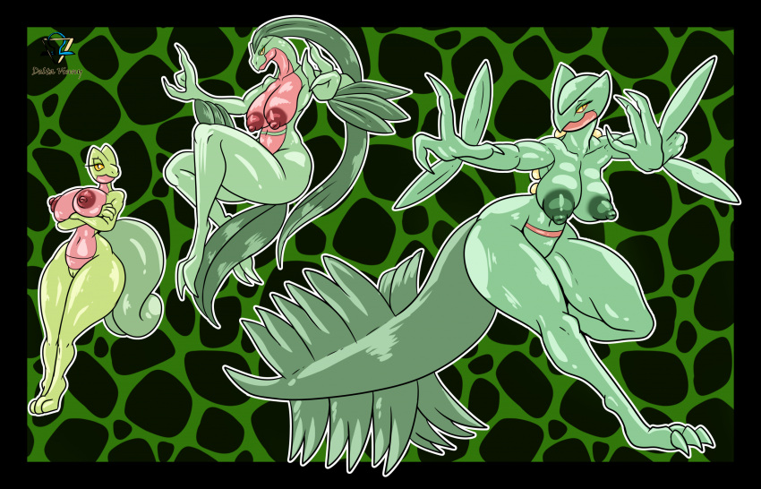 anthro areola big_breasts big_tail black_eyes breasts crossed_arms deltavinny eyelashes female generation_3_pokemon genitals green_areola green_background green_body green_hair green_nipples green_scales group grovyle hair hi_res huge_breasts long_hair long_tail looking_at_viewer navel nintendo nipples nude pink_areola pink_body pink_nipples pink_scales pokemon pokemon_(species) pupils pussy reaching_out scales sceptile simple_background slit_pupils tail thick_thighs treecko trio wide_hips yellow_sclera