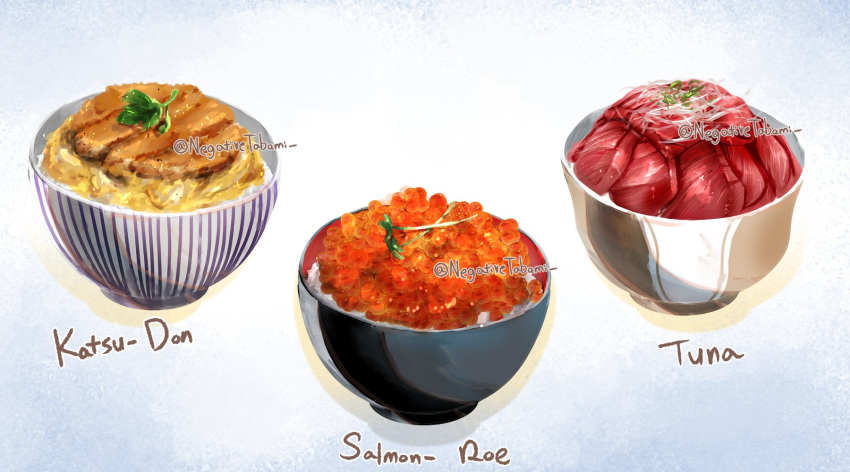 bowl fish_(food) food food_focus highres ikura_(food) katsudon_(food) meat negativetabami no_humans original roe still_life twitter_username