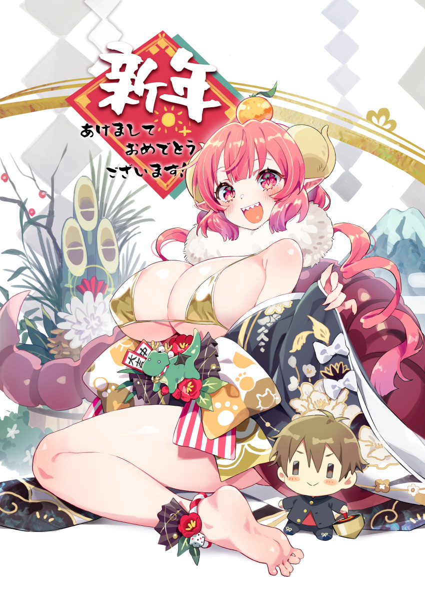 1girl :d absurdres bare_shoulders barefoot bikini black_kimono blunt_bangs blush bow breasts character_doll dice dragon_girl dragon_horns dragon_tail feet flower food food_on_head fruit fur_collar gold_bikini gradient_hair happy_new_year highres horns huge_breasts ilulu_(maidragon) japanese_clothes kimono kobayashi-san_chi_no_maidragon kunikune long_hair long_sleeves looking_at_viewer multicolored_hair object_on_head open_mouth pink_hair pointy_ears print_kimono red_flower sharp_teeth sitting slit_pupils smile soles solo string_bikini swimsuit tail teeth thighs underboob very_long_hair white_bow wide_sleeves