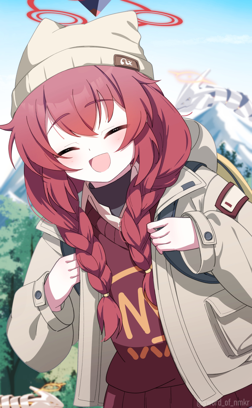 1girl absurdres beanie binah_(blue_archive) blue_archive blush brown_shirt closed_eyes day facing_viewer grey_headwear grey_jacket hair_between_eyes halo hat highres jacket long_hair long_sleeves maki_(blue_archive) maki_(camp)_(blue_archive) murasame_(sword_of_nmkr) official_alternate_costume official_alternate_hairstyle open_clothes open_jacket open_mouth outdoors red_hair red_halo shirt smile solo twitter_username upper_body