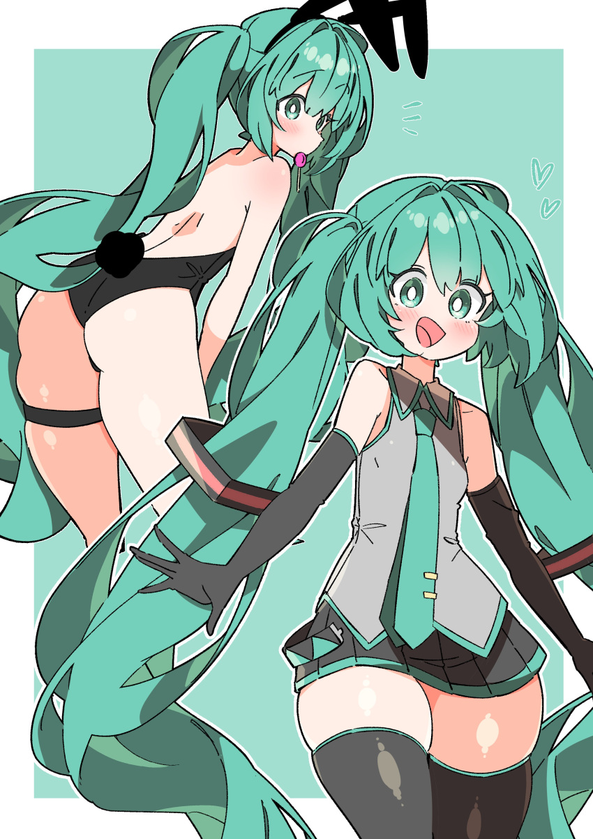 1girl absurdres animal_ears aqua_eyes aqua_hair aqua_necktie aqua_skirt black_sleeves blush breasts bright_pupils curvy fake_animal_ears fake_tail grey_shirt hatsune_miku highres leotard long_hair miniskirt multiple_views necktie open_mouth playboy_bunny rabbit_ears rabbit_tail shirt skindentation skirt small_breasts solo strapless strapless_leotard tail thick_thighs thigh_strap thighs twintails two-tone_ribbon uruti_2388 very_long_hair vocaloid white_background white_pupils wide_hips zettai_ryouiki