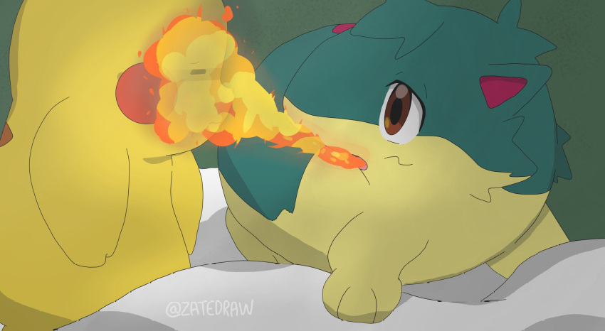 2023 after_transformation ambiguous_gender anthro ash_ketchum bed breath_powers brown_eyes cheek_spots duo elemental_manipulation eyes_closed fire fire_breathing fire_manipulation furniture generation_1_pokemon generation_2_pokemon head_tuft hi_res lying male_(lore) nintendo on_bed on_front on_model paws pikachu pokemon pokemon_(species) quilava simple_background standing style_emulation tuft watermark yellow_body zatedraw