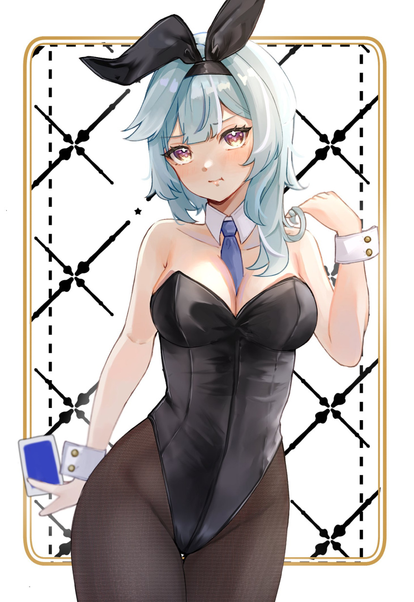 1girl :t alternate_costume animal_ears arm_behind_back between_breasts black_leotard black_pantyhose blue_hair blue_necktie blush breasts card card_(medium) collarbone cowboy_shot detached_collar eula_(genshin_impact) fake_animal_ears genshin_impact gnsn_tukituki hand_up highleg highleg_leotard highres holding holding_card leotard looking_at_viewer necktie necktie_between_breasts pantyhose playboy_bunny rabbit_ears solo strapless strapless_leotard thigh_gap white_background wrist_cuffs yellow_eyes