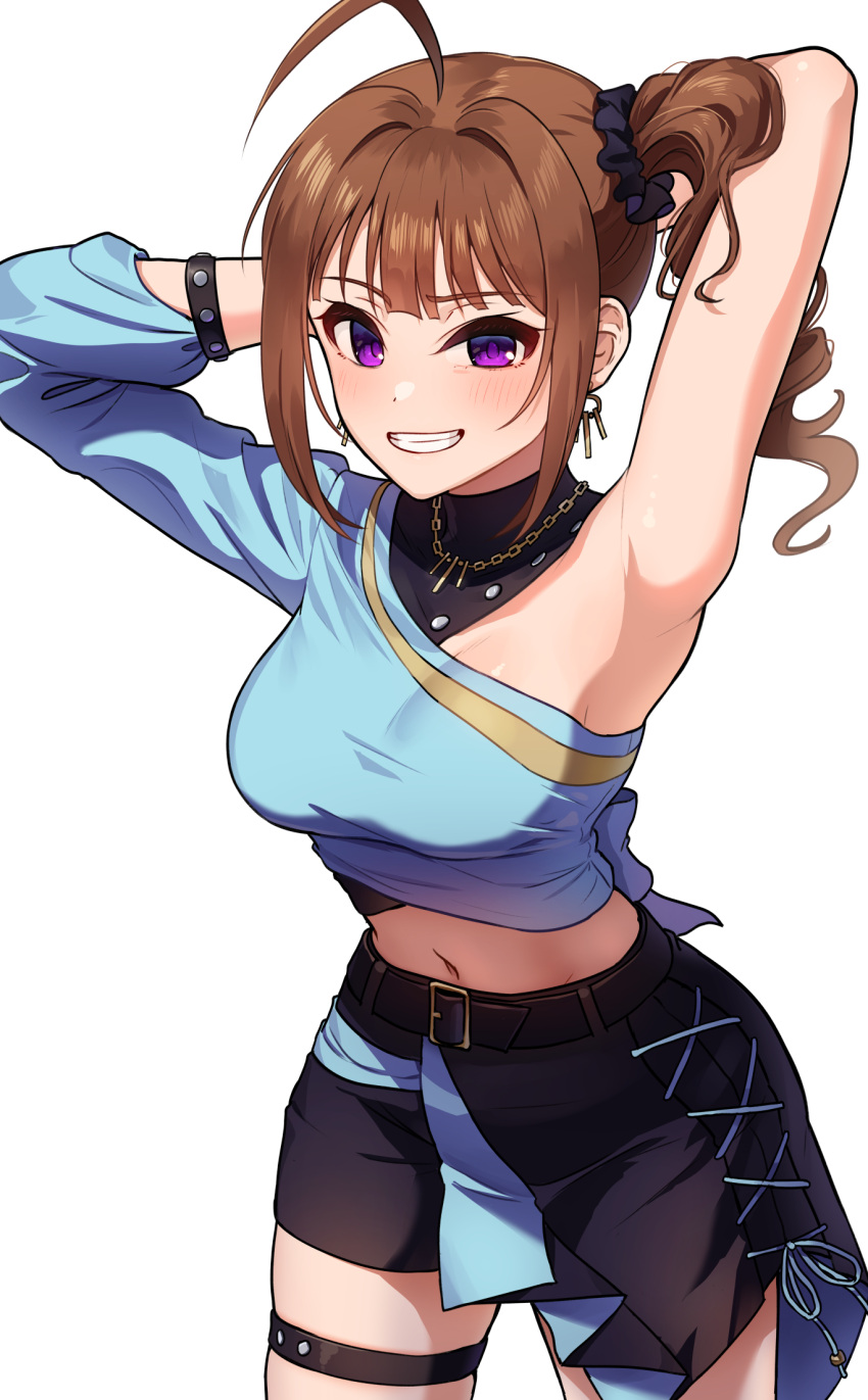 1girl ahoge armpits arms_behind_head arms_up blush breasts brown_hair collarbone commentary_request drill_hair drill_ponytail grin hair_ornament hair_scrunchie highres idolmaster idolmaster_million_live! idolmaster_million_live!_theater_days jewelry kamille_(vcx68) long_hair looking_at_viewer medium_breasts midriff navel purple_eyes scrunchie side_drill side_ponytail sidelocks simple_background smile solo standing stomach teeth thigh_strap white_background yokoyama_nao