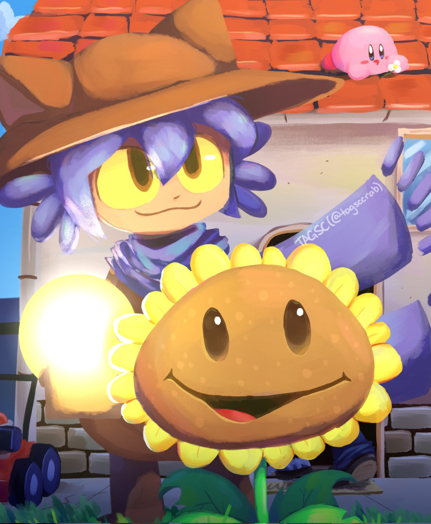 1boy 2others animal_ears blue_hair brown_headwear brown_tunic flower grass hat highres house kirby kirby_(series) lawn lawnmower light_bulb multiple_others niko_(oneshot) oneshot_(game) plants_vs_zombies scarf smile sunflower_(plants_vs_zombies) tagsc tile_roof yellow_eyes