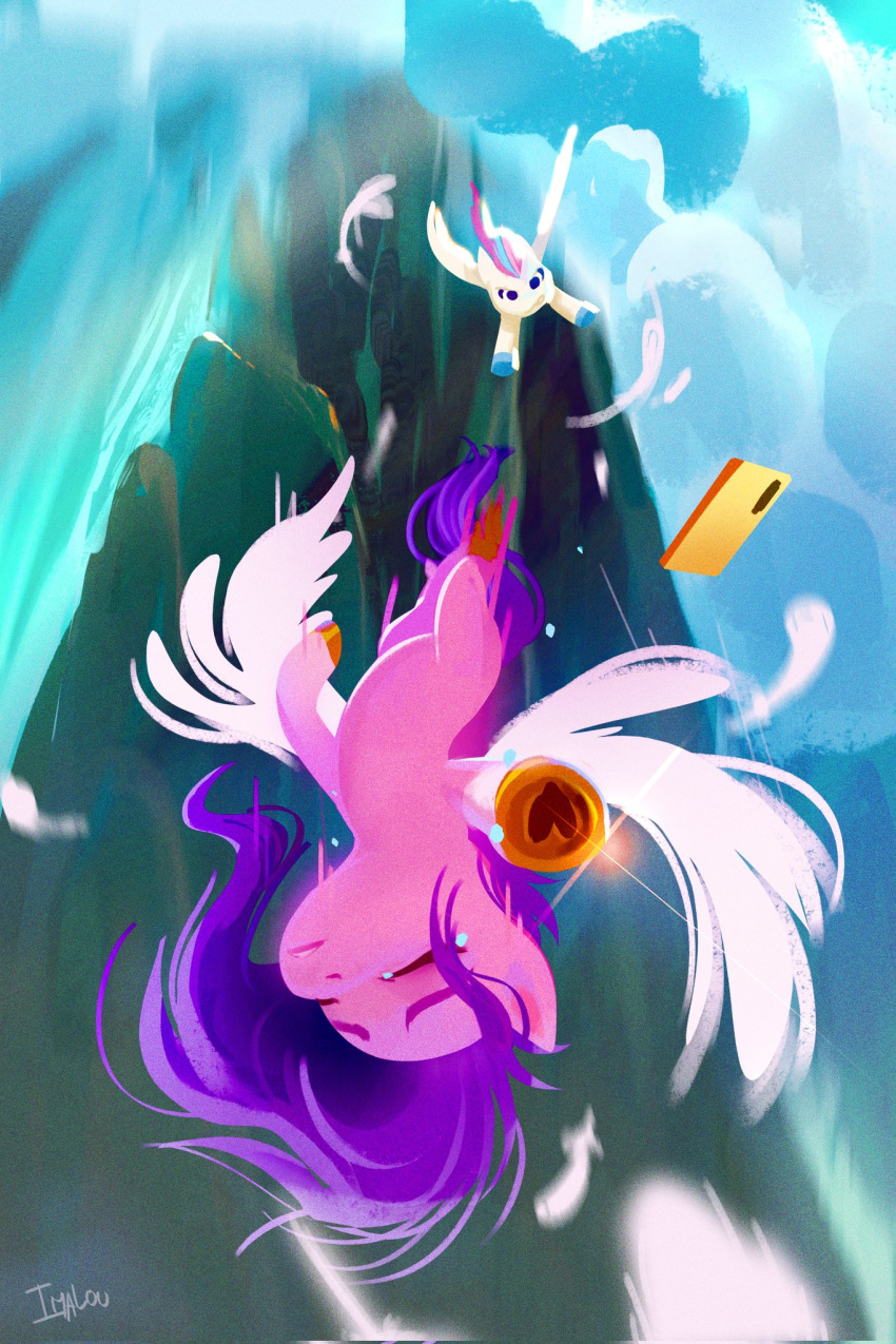 bodily_fluids cliff equid equine female flying fur hasbro hi_res hooves imalou mammal mlp_g5 my_little_pony pegasus pink_body pink_fur pipp_petals_(mlp) smarpthone tears waterfall white_body white_fur wings zipp_storm_(mlp)