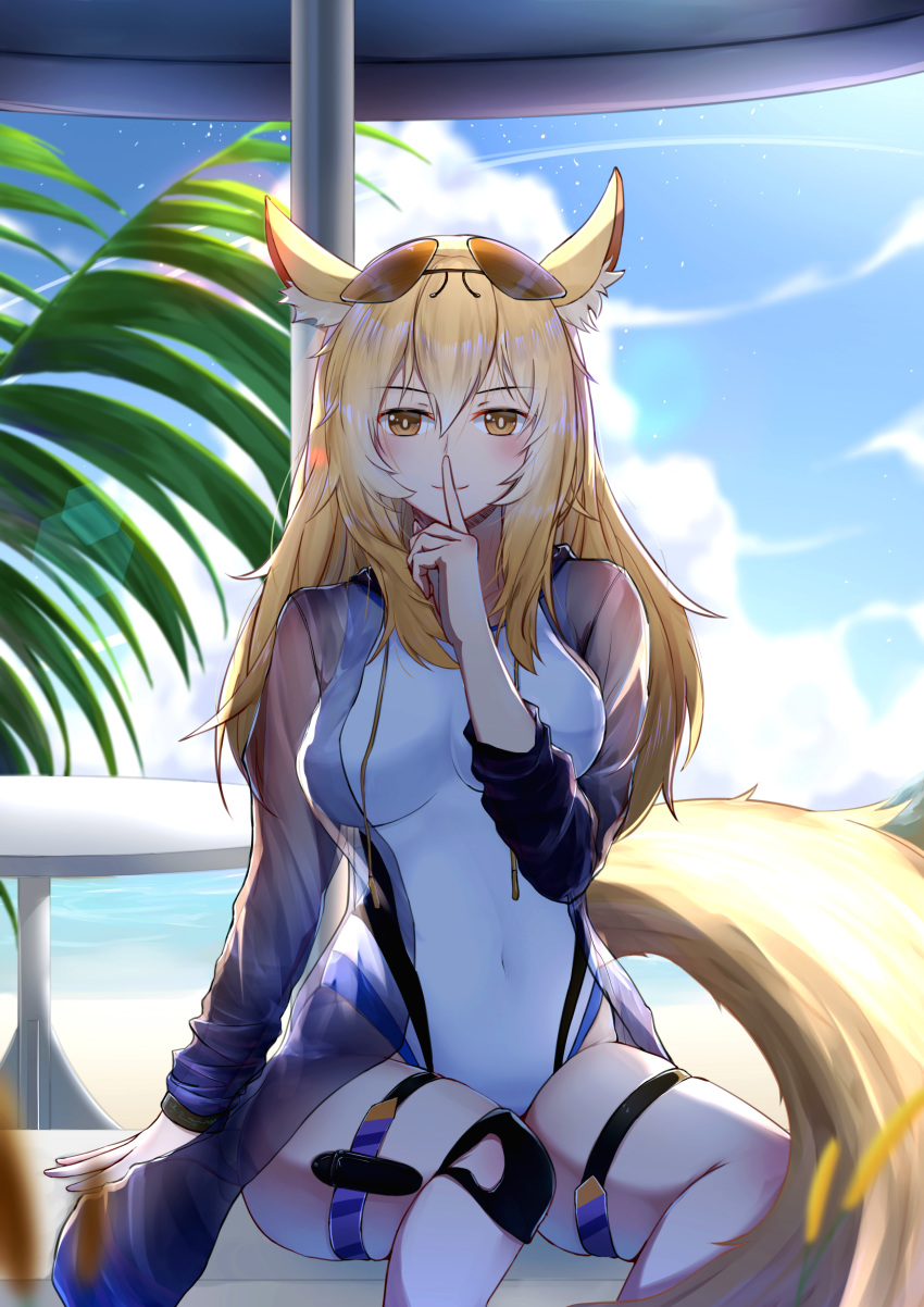 1girl absurdres alternate_hairstyle animal_ear_fluff animal_ears arknights as_yinshimao bangs blonde_hair blue_sky blush brown_eyes cloud commentary covered_navel day eyewear_on_head feet_out_of_frame hair_between_eyes hair_down hand_up highres index_finger_raised knee_pads large_tail long_hair long_sleeves looking_at_viewer nearl_(arknights) one-piece_swimsuit sitting sky smile solo sunglasses swimsuit tail thigh_strap thighs white_swimsuit