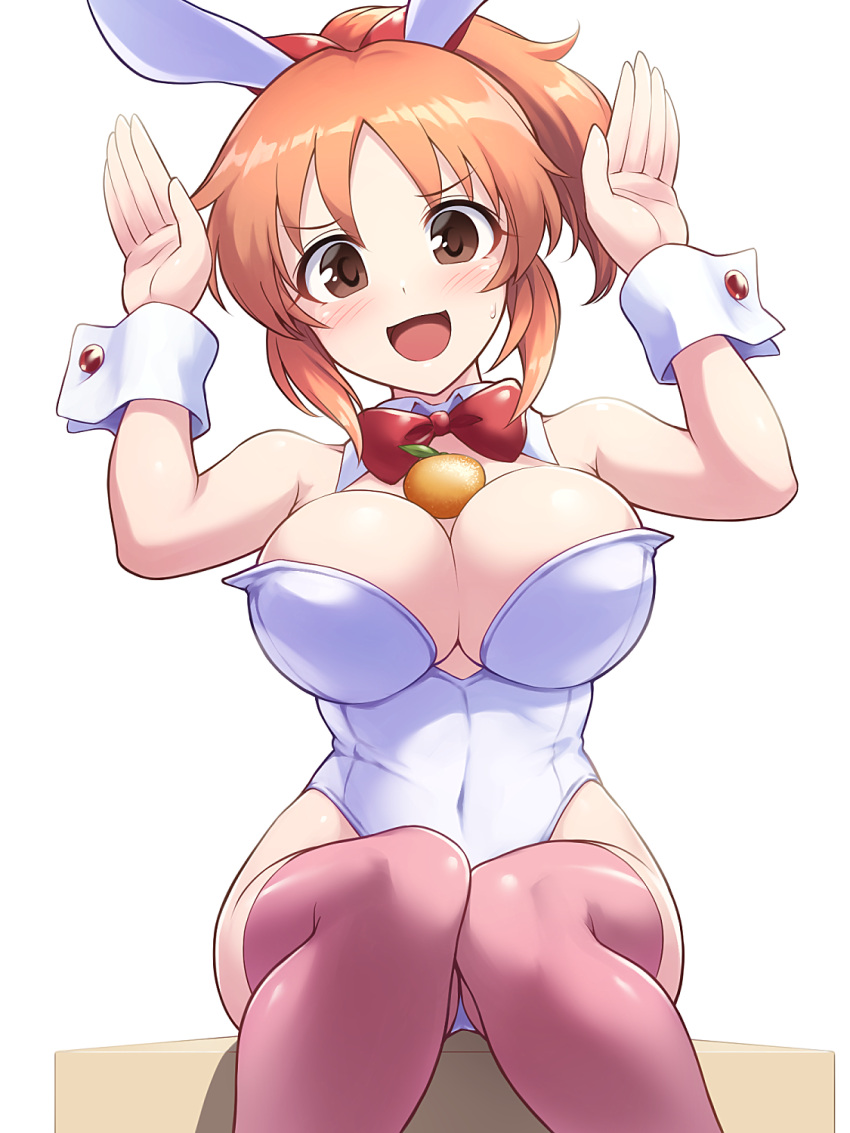 1girl :d abe_nana alternate_costume animal_ears blush bow bowtie breasts brown_eyes cleavage commentary_request covered_navel detached_collar fake_animal_ears food fruit hands_up highres idolmaster idolmaster_cinderella_girls leotard looking_at_viewer open_mouth orange_(fruit) orange_hair pataneet playboy_bunny rabbit_ears red_bow red_bowtie red_thighhighs simple_background sitting smile solo thighhighs white_background white_leotard