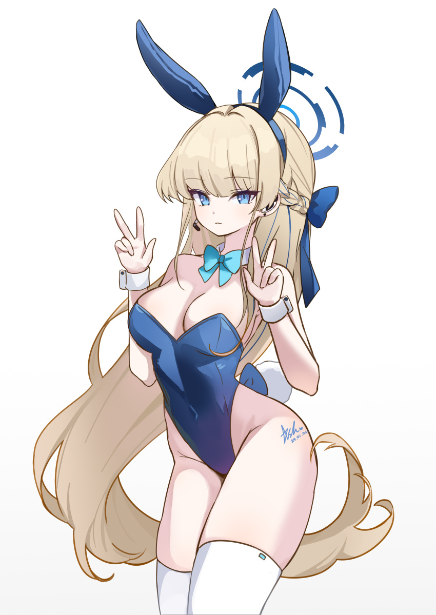 absurdres animal_ears aqua_bow aqua_bowtie ash_(cat7evy) blonde_hair blue_archive blue_eyes blue_hair blue_halo blue_leotard bow bowtie braid breasts cleavage cowboy_shot detached_collar double_v fake_animal_ears french_braid halo highleg highleg_leotard highres leotard long_hair medium_breasts multicolored_hair playboy_bunny rabbit_ears rabbit_tail simple_background strapless strapless_leotard streaked_hair tail thighhighs toki_(blue_archive) toki_(bunny)_(blue_archive) v very_long_hair white_background white_thighhighs white_wrist_cuffs wrist_cuffs