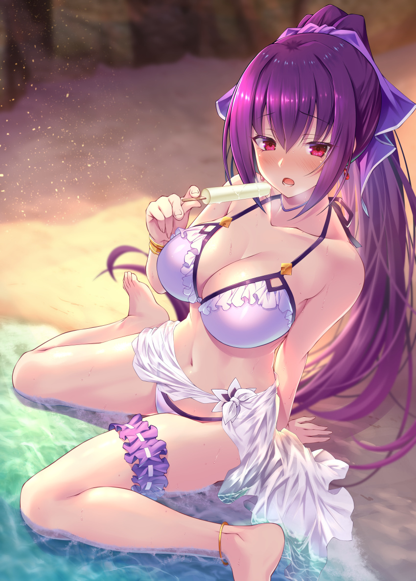 1girl absurdres anklet bare_shoulders barefoot bikini blurry blush bracelet breasts bridal_garter cleavage collarbone depth_of_field drop_earrings earrings emanon123 fate/grand_order fate_(series) food hair_between_eyes highres jewelry large_breasts legs long_hair looking_at_viewer melting navel open_mouth ponytail popsicle purple_hair purple_ribbon red_eyes ribbon sarong scathach_(fate) scathach_skadi_(fate) shore sitting solo sweat swimsuit wariza