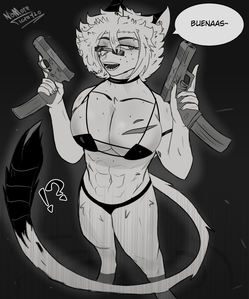 abs absurd_res anthro arthropod badass_woman biceps bikini black breasts butt cleavage clothed clothing comic dani_von_maschinegewehr dialogue digital_media_(artwork) eyewear felid feline felis female fur glasses gun hair handgun hi_res hybrid hymenopteran insect mammal manga muscular muscular_anthro muscular_female navel nomoretigre420 open_mouth piercing ranged_weapon scar smile smug solo swimwear tail text thick_thighs tomboy topwear wasp weapon wildcat